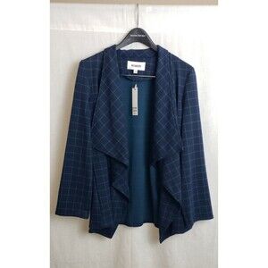 BB Dakota Sweater Cardigan Open Front Drape Navy‎ Blue Green Checkered Large NWT